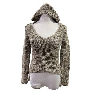 American Eagle Y2K Tan Open Knit Hand Knit Hooded V-Neck Sweater - Size Small